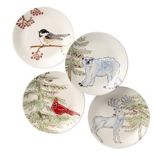 Pottery Barn Winter Wonderland Arctic Forest Salad Plates, Mixed Set of 4 ❄️🦌🌲